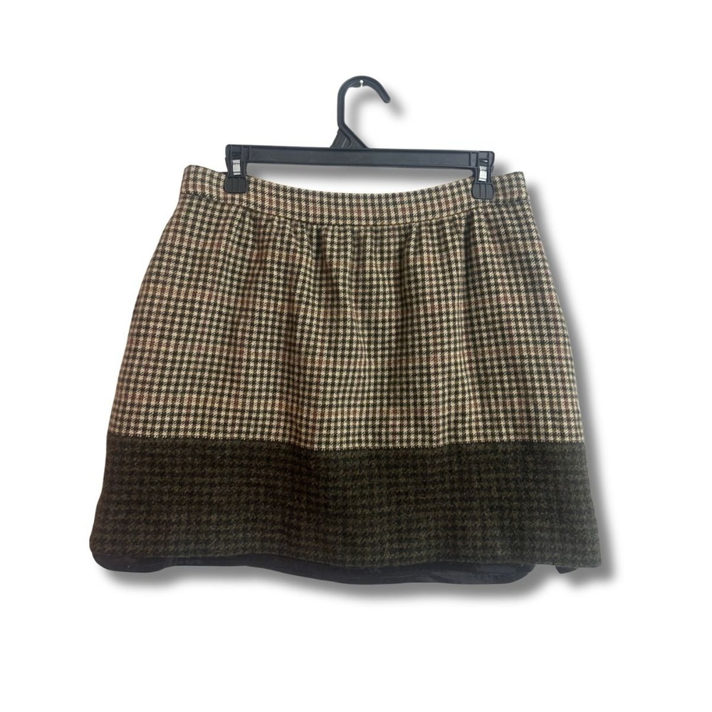 J.Crew Brown Houndstooth 100% Lambswool Mini Skirt Size 10 Preppy Old Money